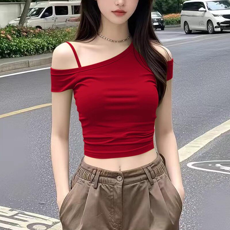 斜领纯欲风新款夏季修身露肩短袖t恤女性露脐感辣妹短款一字上衣