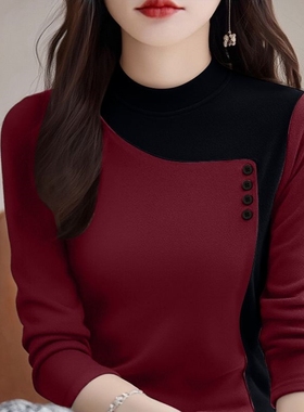 秋冬季新款加厚圆领半高领打底时尚洋气拼色长袖百搭保暖纽扣上衣