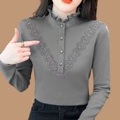 上衣时尚 2026秋冬德绒衬衫 女T恤减龄加绒加厚长袖 气质立领木耳边