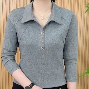2025春秋季新款POLO领长袖T恤女百搭时尚妈妈装大码减龄休闲上衣