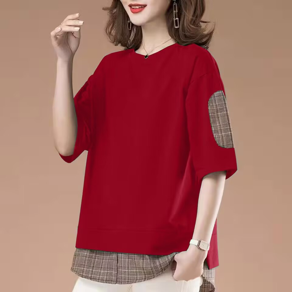 뚱뚱한 MM과 뚱뚱한 여동생을위한 여름 새로운 한국 스타일 느슨한 대형 여성 의류 여성용 유행 가짜 투피스 반팔 티셔츠 200 파운드