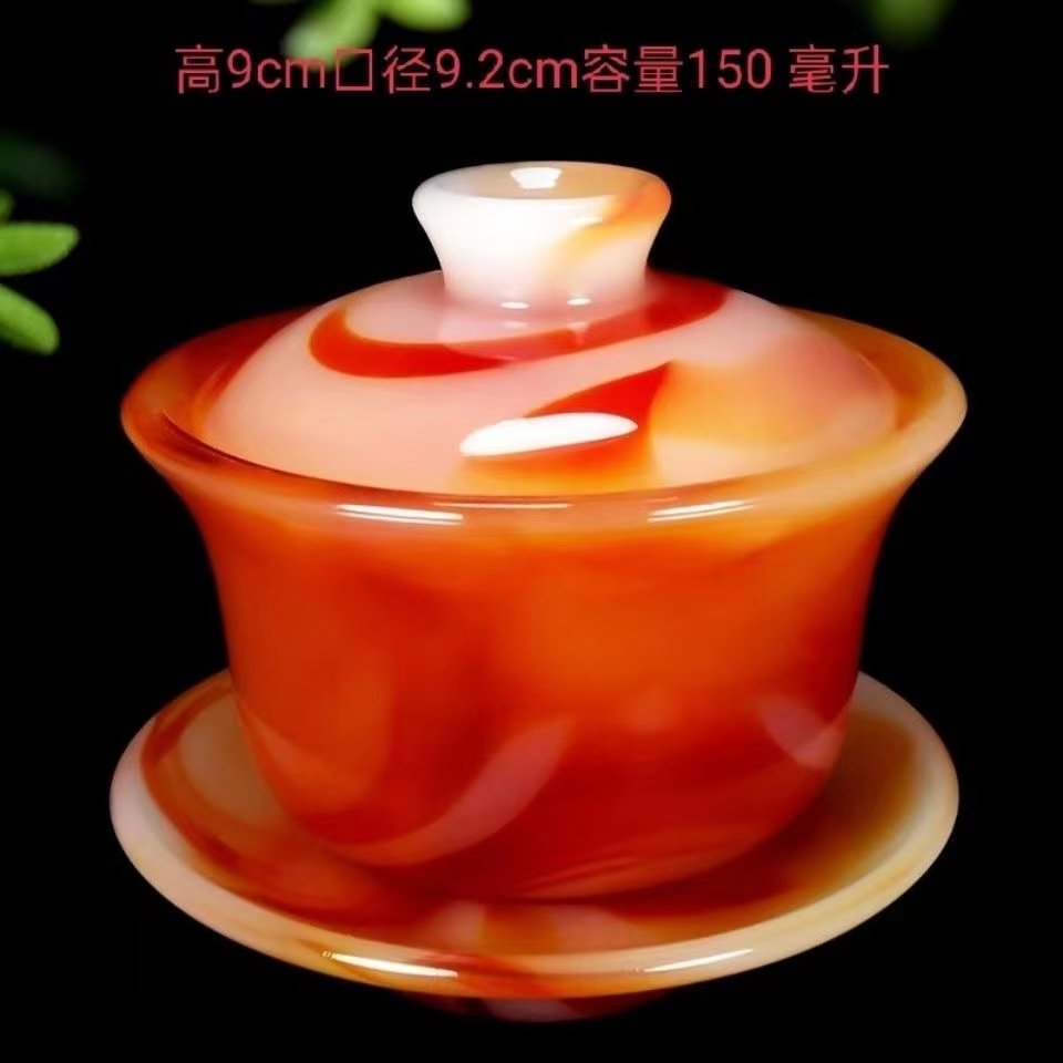 天然红玛瑙玉石精美盖碗茶碗茶杯泡茶新款耐热大号茶具送礼家用!