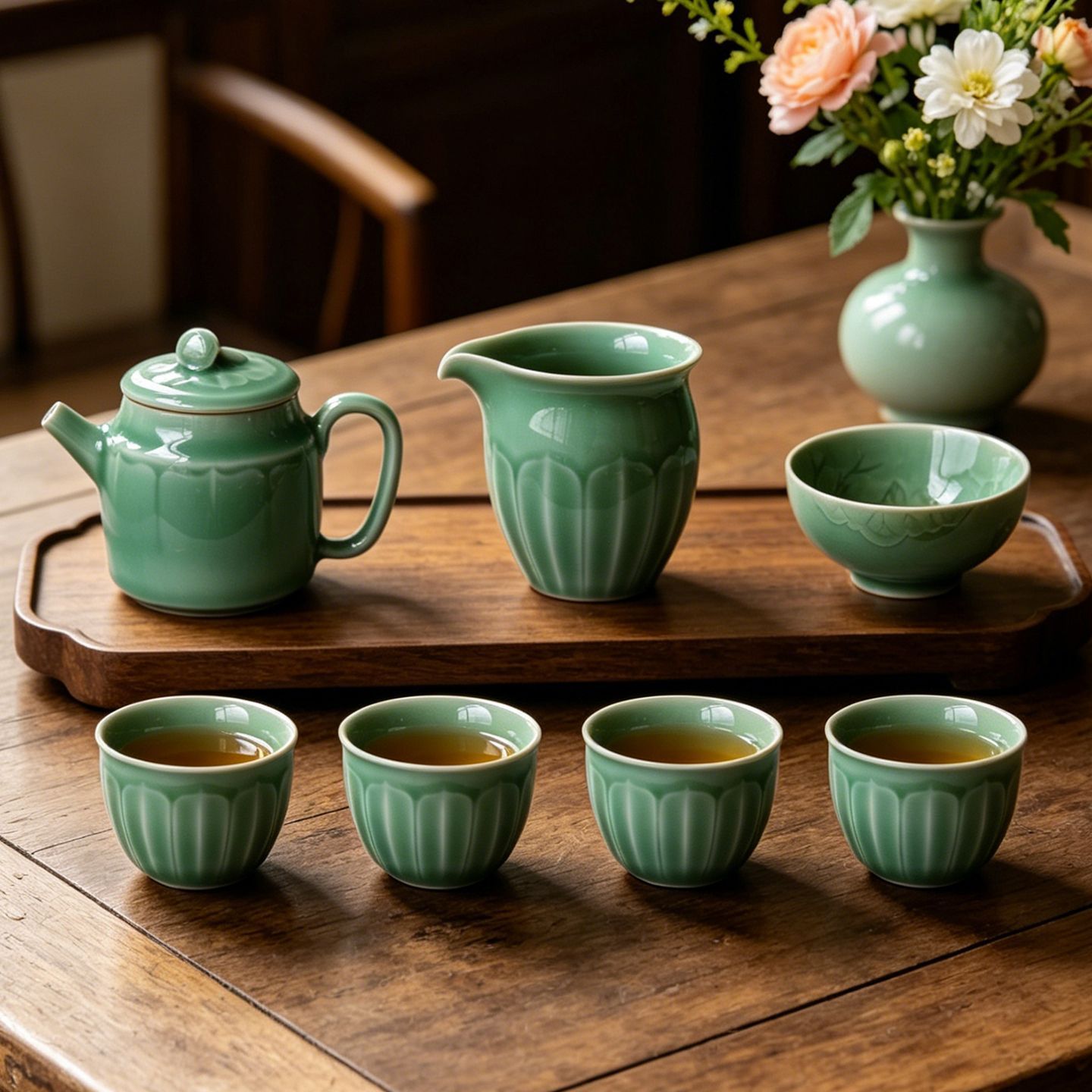 龙泉青瓷莲花功夫茶具套装家用会客中式轻奢茶壶茶杯整套泡茶器具
