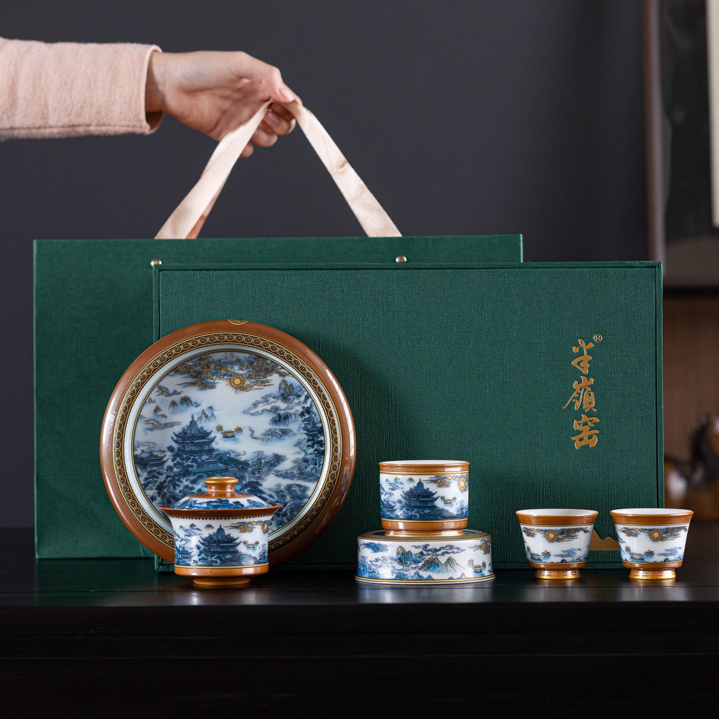 半岭窑手工青花滕王阁仙
