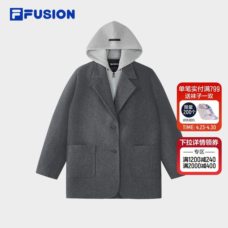FILA FUSION斐乐潮牌呢子外套女2026春季新款假两件连帽西装外套