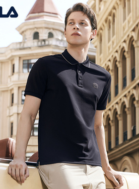FILA 斐乐官方翻领短袖POLO衫男透气商务休闲通勤黑色运动T恤上衣