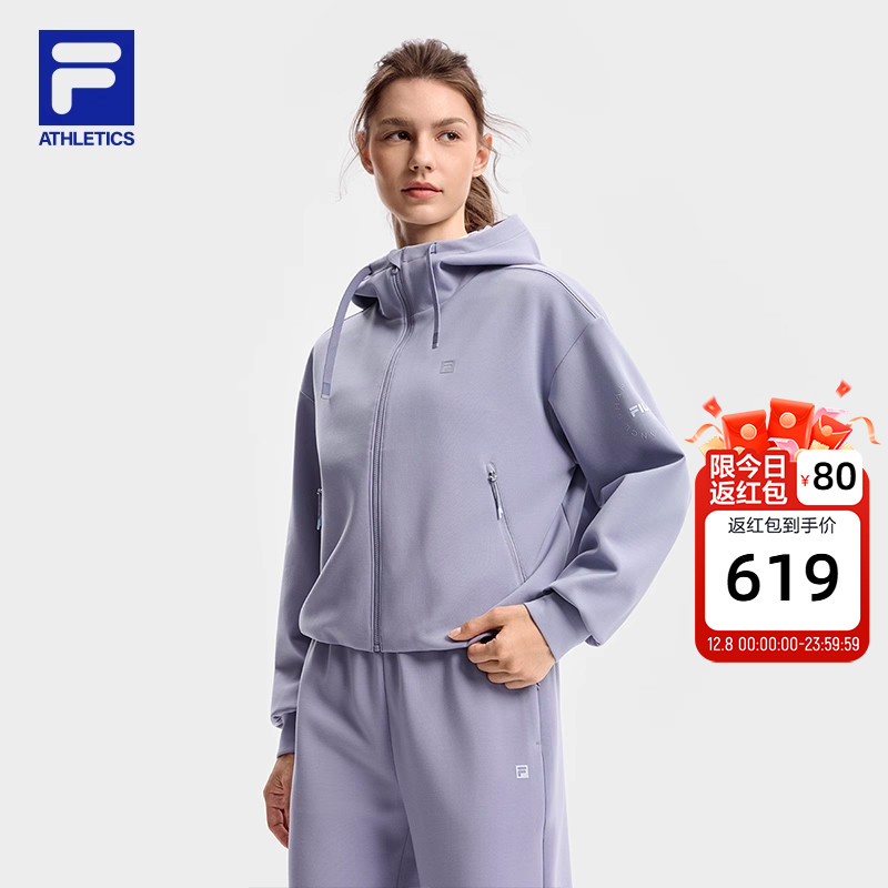 FILA 斐乐官方女士针织连帽外套2025冬新款健身运动简约宽松上衣