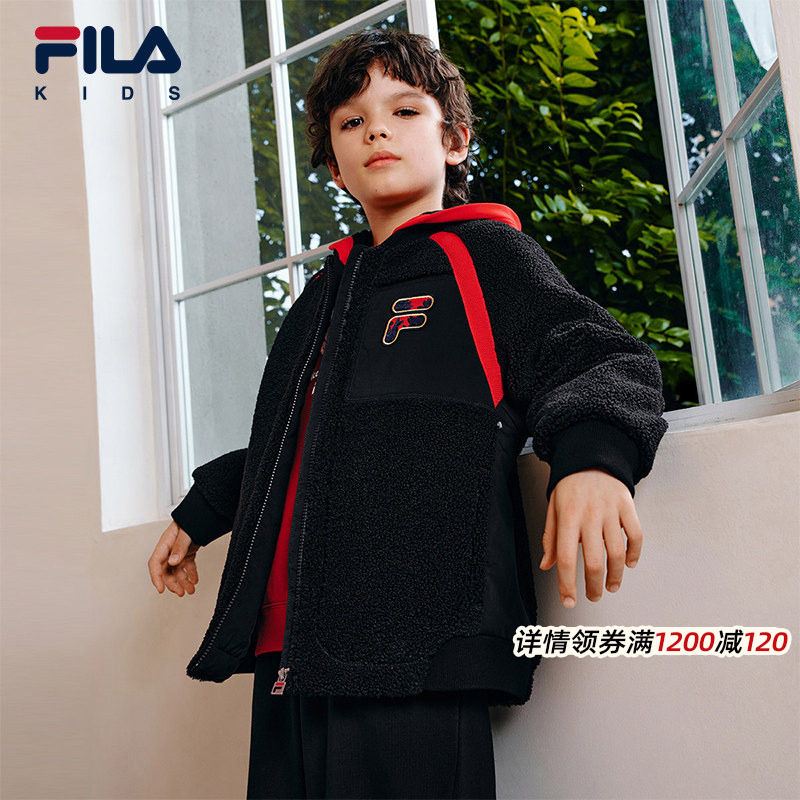 FILA斐乐儿童棉服2026年春新款男童仿羊羔绒连帽外套新年款拜年服