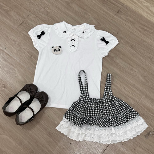 【小软摘星星】自制可爱小熊猫纯棉黑色格子背带裙套装