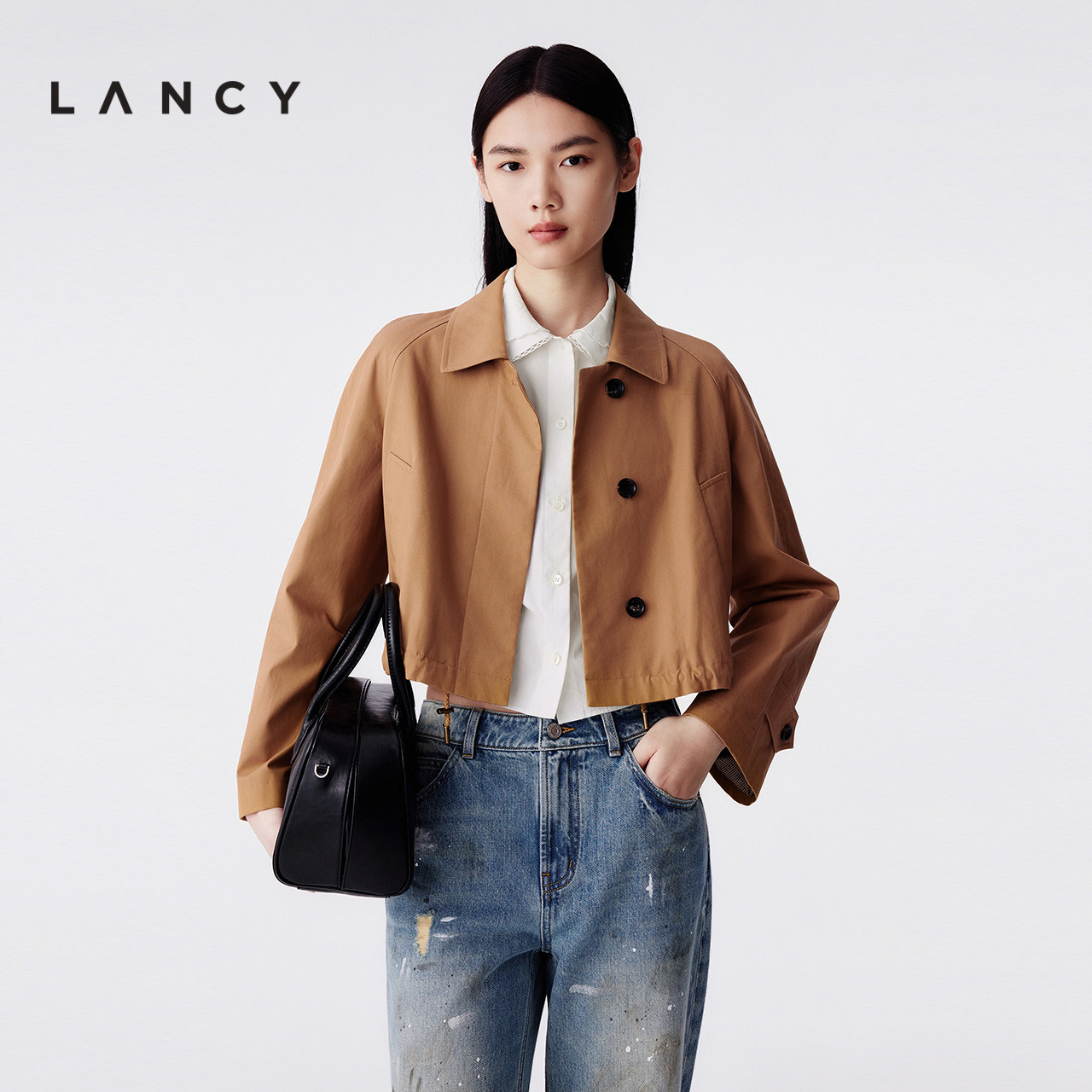 LANCY/朗姿2025年冬新款简约休闲纯棉翻领抽绳短外套女工装风夹克,女装/女士精品,短外套,淘宝优惠券,粉丝福利购,淘宝优惠卷