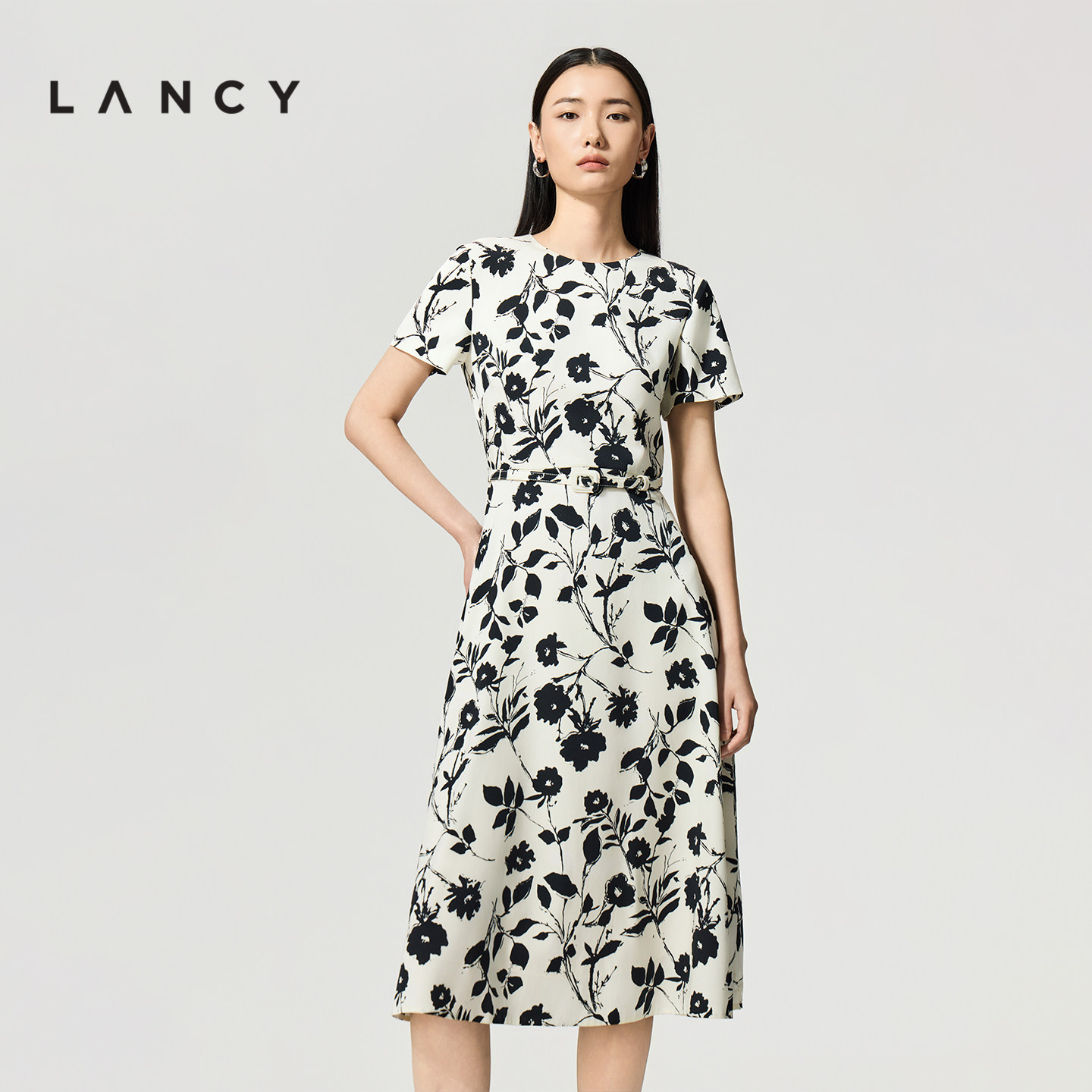 【真丝】LANCY/朗姿2026夏季新款法式印花收腰显瘦A字气质连衣裙