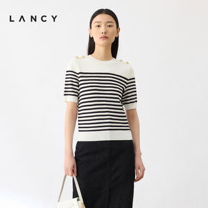 LANCY/朗姿2024夏季经典黑白条纹针织衫肩扣设计感短袖时尚上衣女