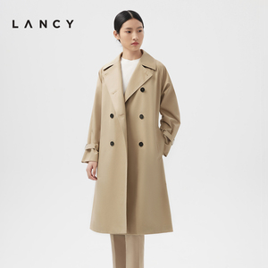 LANCY/朗姿2024春季新款气质中长款收腰经典风衣外套女修身双排扣