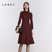 LANCY 朗姿2024冬新款 安可拉红羊毛领结收腰连衣裙气质A字裙子女