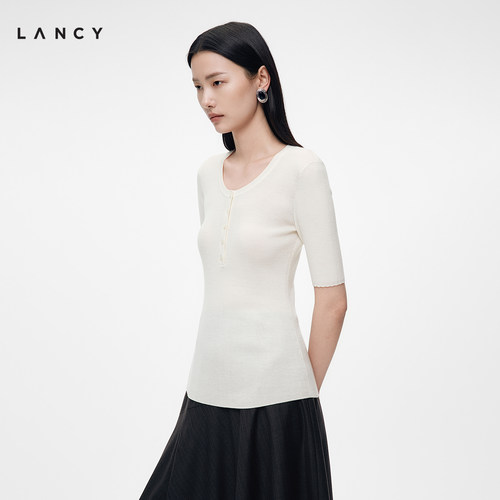 【绵羊毛】LANCY/朗姿26年秋新款圆领短袖针织打底毛衫通勤上衣女