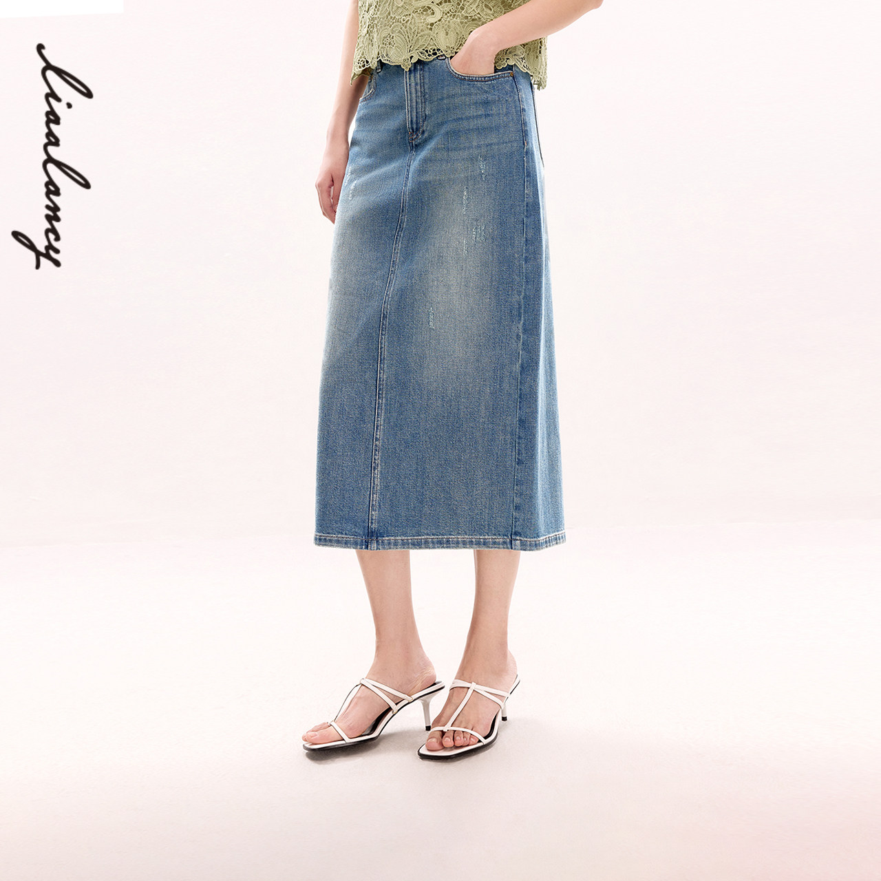 LANCY/朗姿2025夏新款复古高腰牛仔半身裙女中长款后开叉直筒裙子,女装/女士精品,半身裙,淘宝优惠券,粉丝福利购,淘宝优惠卷