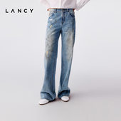 长裤 女秋 朗姿2025冬新款 设计感涂鸦直筒水洗牛仔裤 纯棉 LANCY