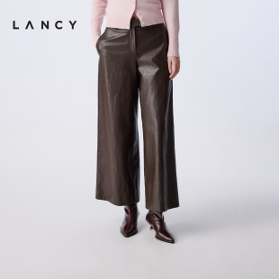 朗姿2025冬新款 LANCY 复古时尚 皮质直筒阔腿裤 女 长裤 秀场同款
