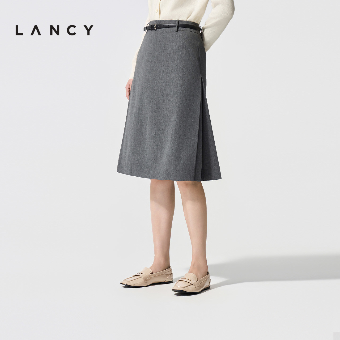 LANCY/朗姿2026春季新款高级感灰色羊毛西装半裙通勤商务半身裙