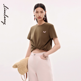 朗姿2025夏季 高端简约正肩显瘦长款 LANCY 新款 女 半袖 T恤圆领短袖