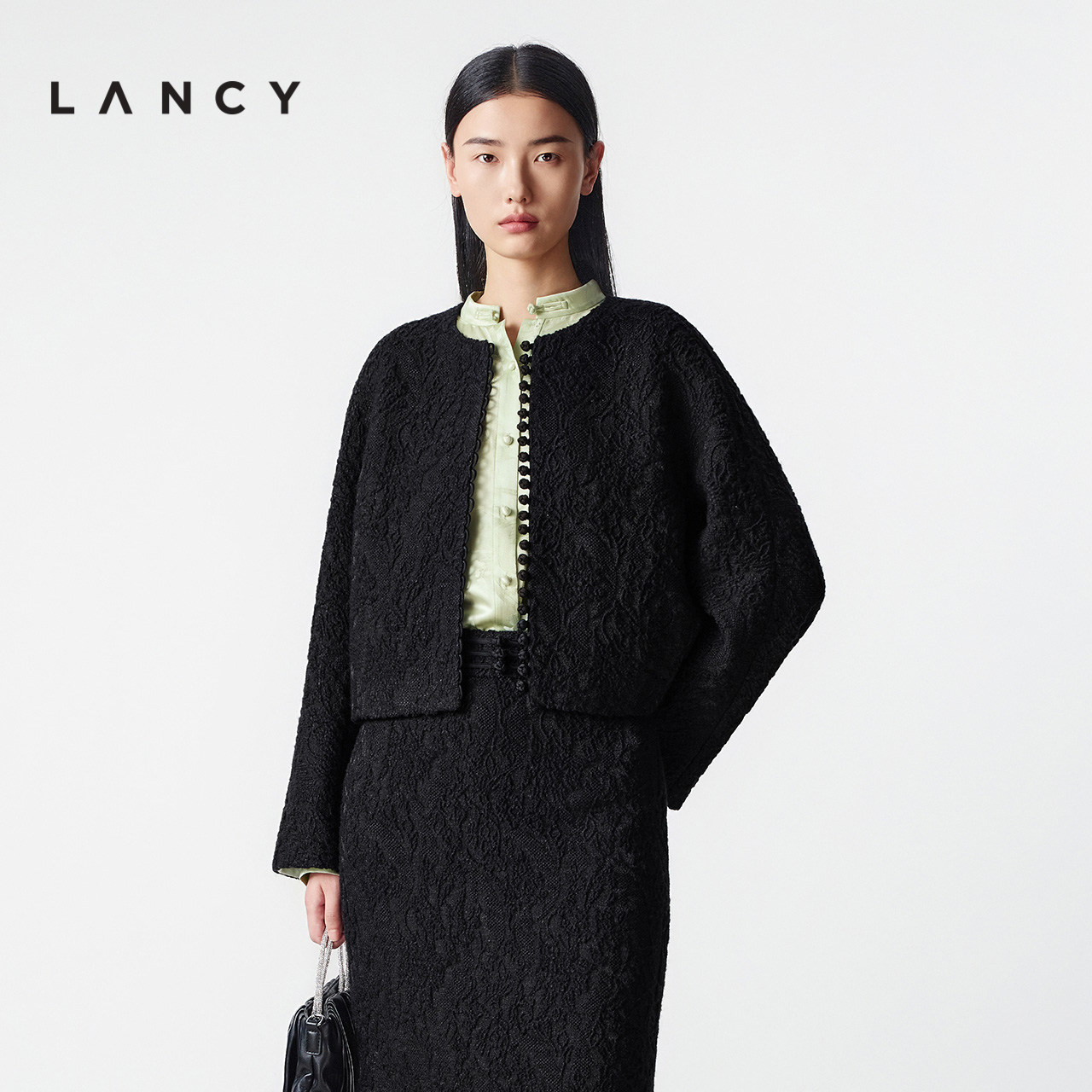 LANCY/朗姿2025冬新款新中式气质羊毛盘扣提花短外套半身裙套装女,女装/女士精品,时尚套装,淘宝优惠券,粉丝福利购,淘宝优惠卷