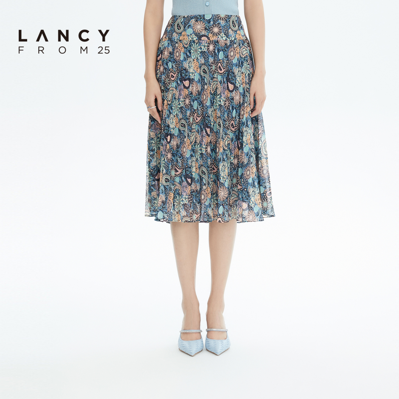 LANCY/悦朗姿2022夏季新款碎花百褶半身裙A字高腰法式复古短裙女