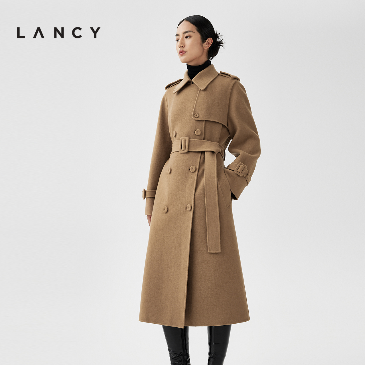 LANCY/朗姿2023秋冬新款羊毛风衣外套长款过膝收腰毛呢女高级气质