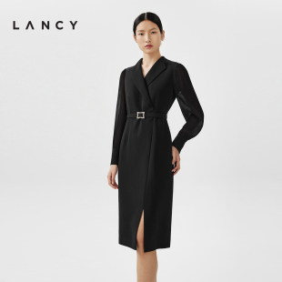 黑色长袖 LANCY 新款 连衣裙女高级感裙子 朗姿2024春季 收腰醋酸西装