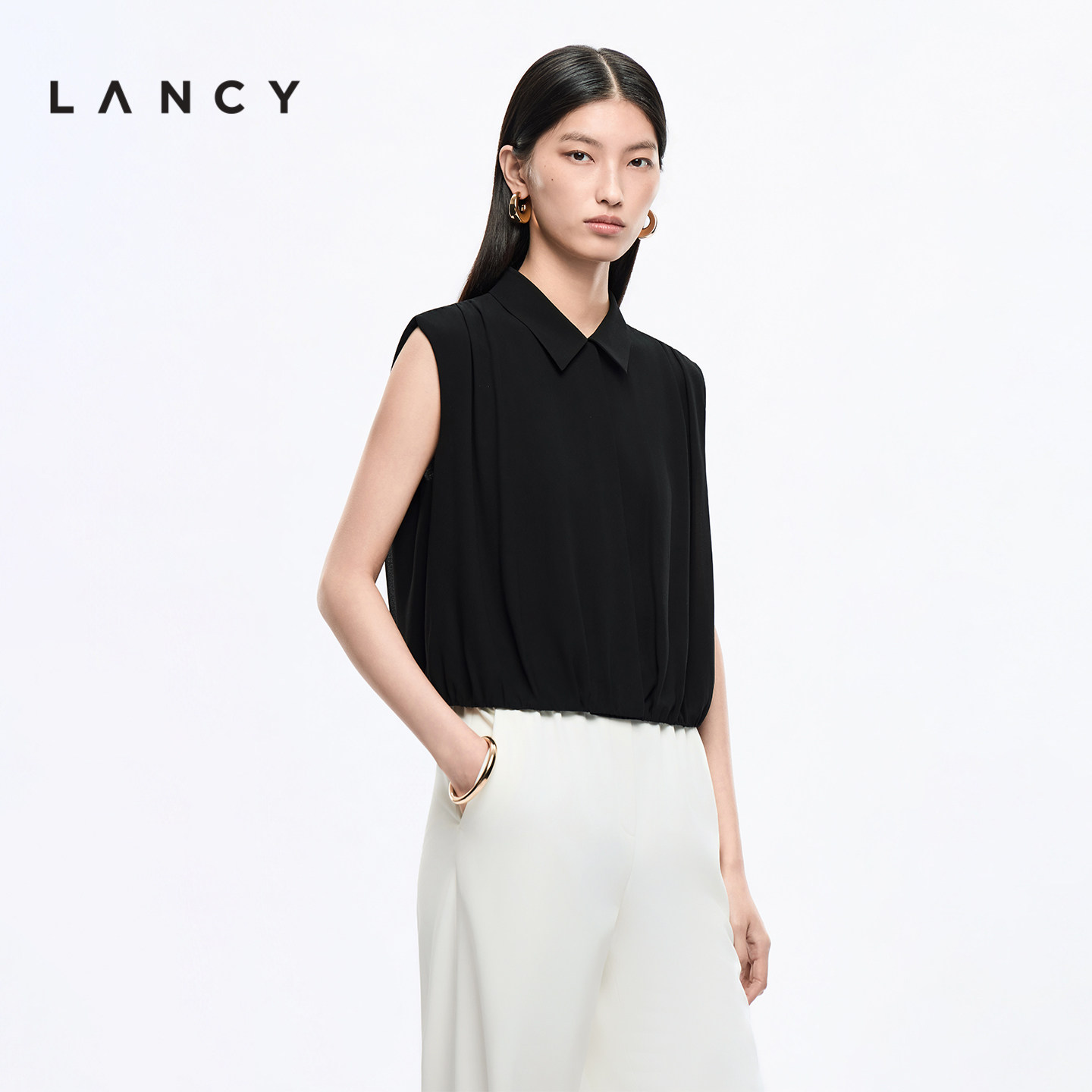 LANCY/朗姿2026夏季新款高级感无袖雪纺轻薄短款通勤百搭衬衫女
