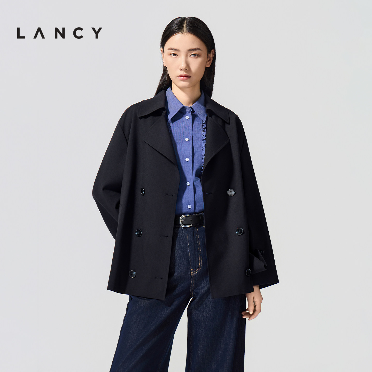 【纯羊毛】LANCY/朗姿26春新款复廓形短款立领复古藏蓝色风衣外套