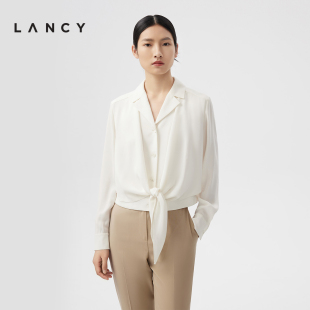 奶白色桑蚕丝通勤衬衫 LANCY 朗姿2024春季 新款 下摆打结系带高级感