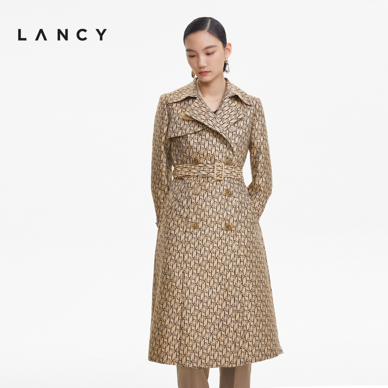 LANCY/朗姿春秋新款收腰印花风衣中长款复古设计感外套女翻领通勤