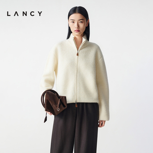 朗姿2025冬新立领双拉链廓形针织开衫 LANCY 短外套女秋 纯羊毛