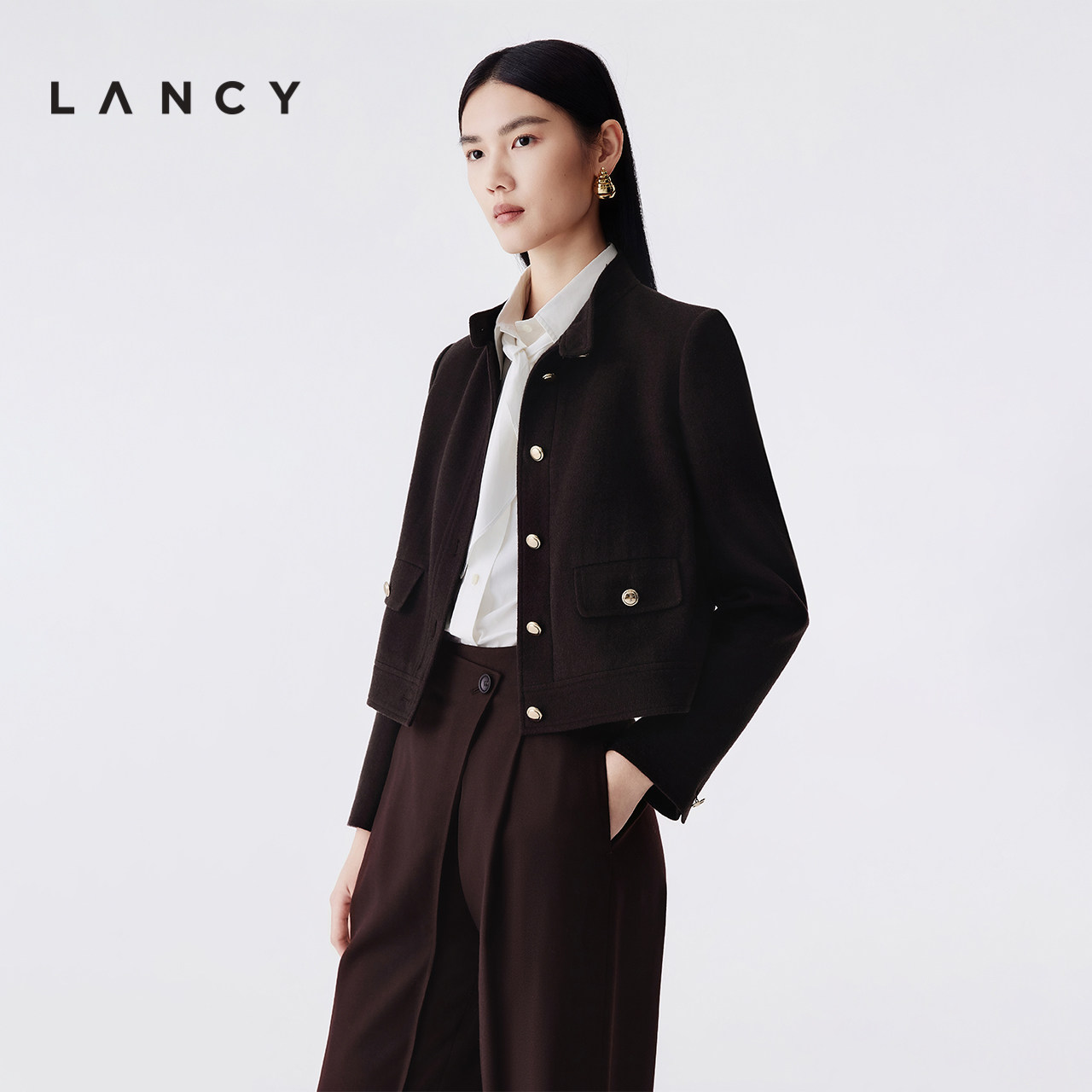 LANCY/朗姿2025冬新款高级感气质羊毛短外套正肩立领设计感上衣女