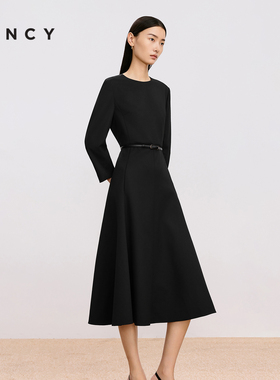 LANCY/朗姿2024冬羊毛高级感长袖显瘦气质高端连衣裙中长款裙子女