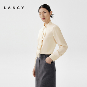 LANCY/朗姿春季新款桑蚕丝衬衫女长袖修身飘带法式气质简约风