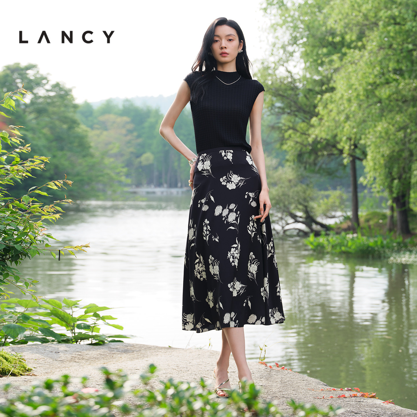 【真丝】LANCY/朗姿2026夏新款法式印花气质高腰A字桑蚕丝半身裙