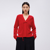 LANCY V领羊毛羊绒上衣女 大红色针织开衫 朗姿2025年春新款 新中式