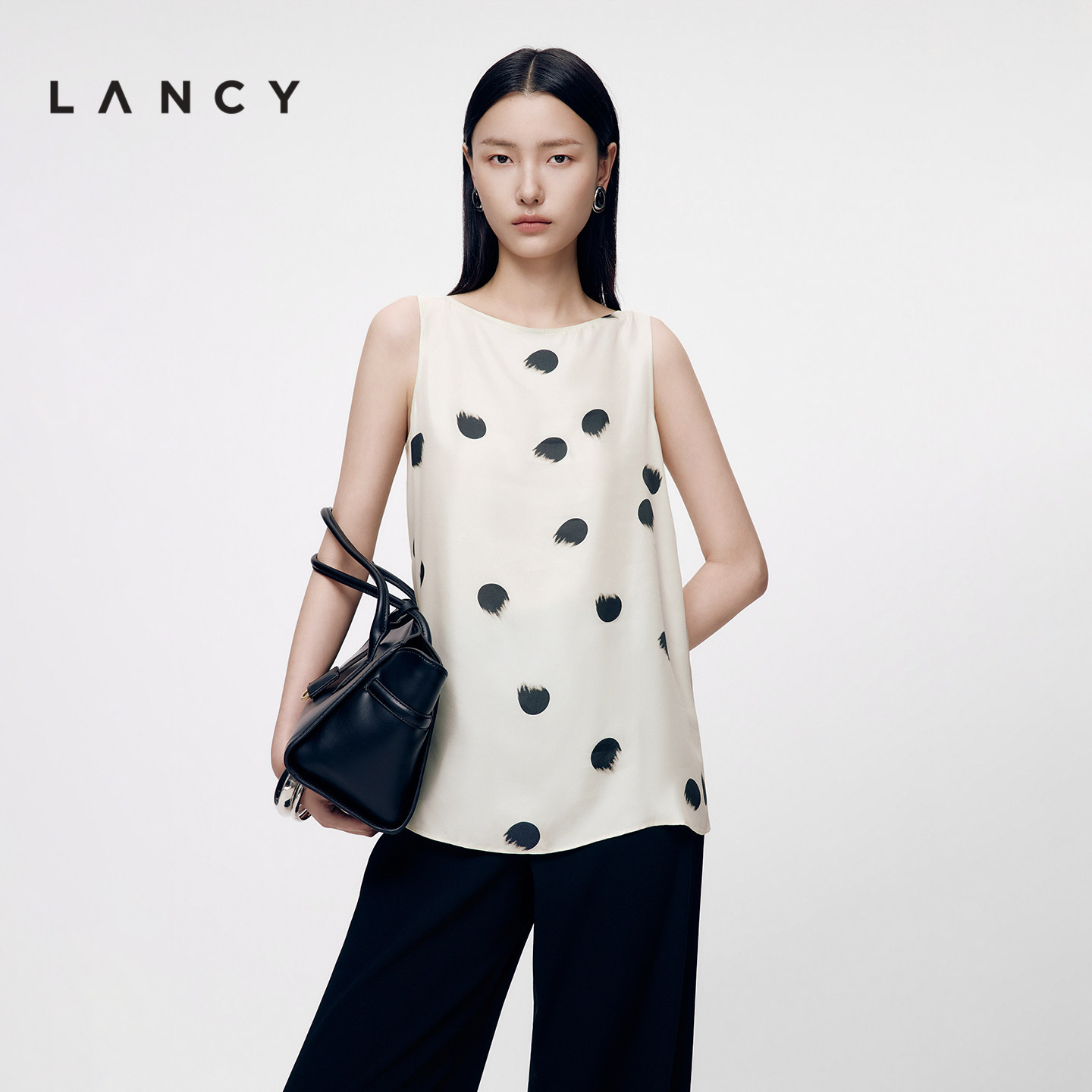 LANCY/朗姿2026夏季新款桑蚕丝气质波点印花无袖上衣圆领背心衬衫图片