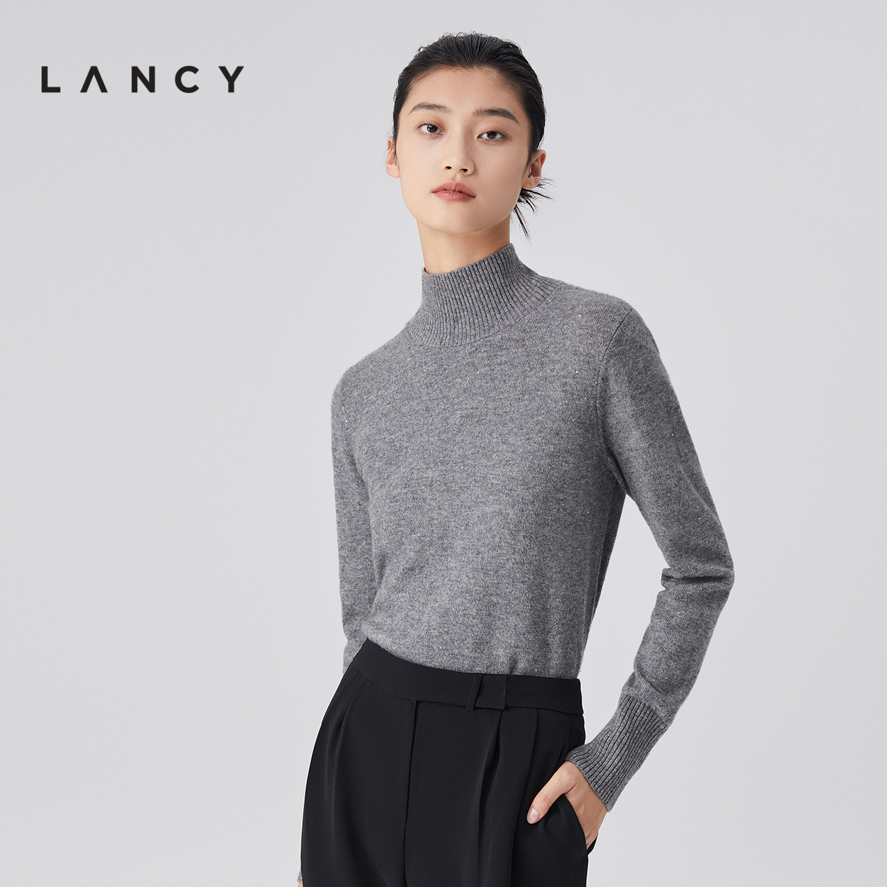 LANCY/朗姿2022冬季新款羊绒衫女高领宽松针织衫通勤高级毛衣女