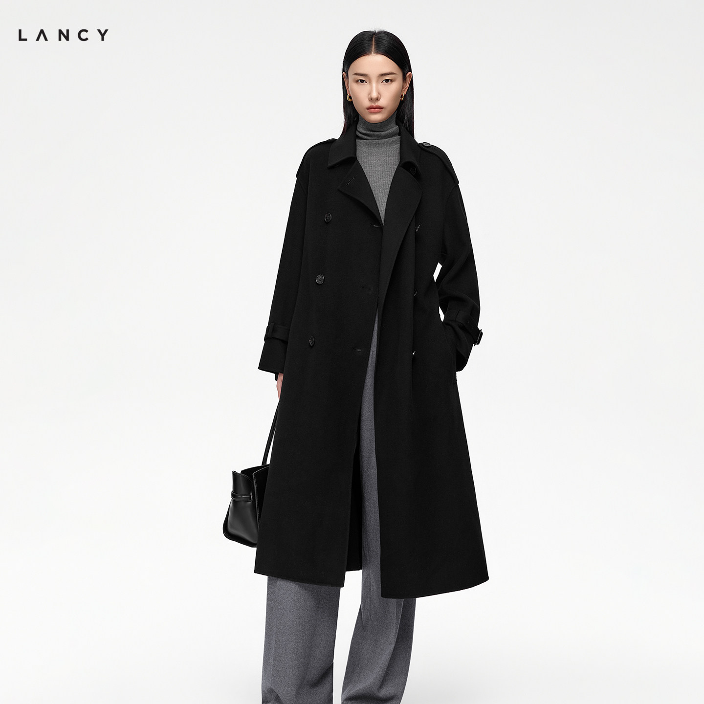 【纯羊毛】LANCY/朗姿2026冬新款气质高端翻领双排扣系带长款大衣