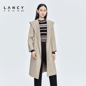 LANCY/悦朗姿羊毛大衣女2022冬季新款连帽中长款通勤外套毛呢收腰