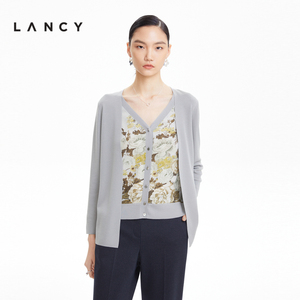 LANCY/朗姿真丝假两件开衫2022秋季新款V领长袖印花高级针织衫女