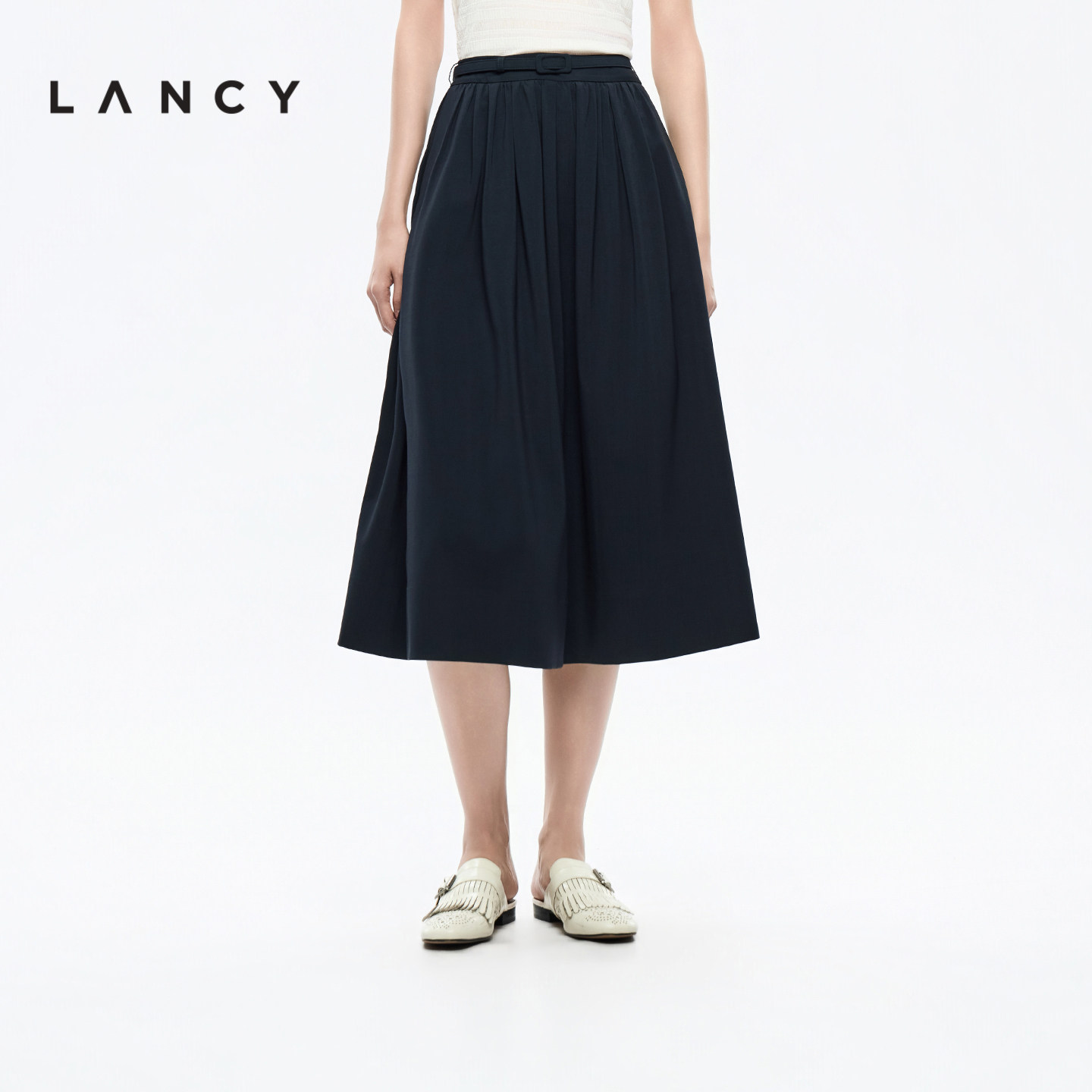 LANCY/朗姿2026夏季新款高端羊毛藏蓝色中长款伞裙高腰显瘦半身裙