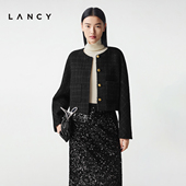 LANCY 朗姿2025冬新款 气质粗花呢小香风羊毛短外套黑色通勤上衣女