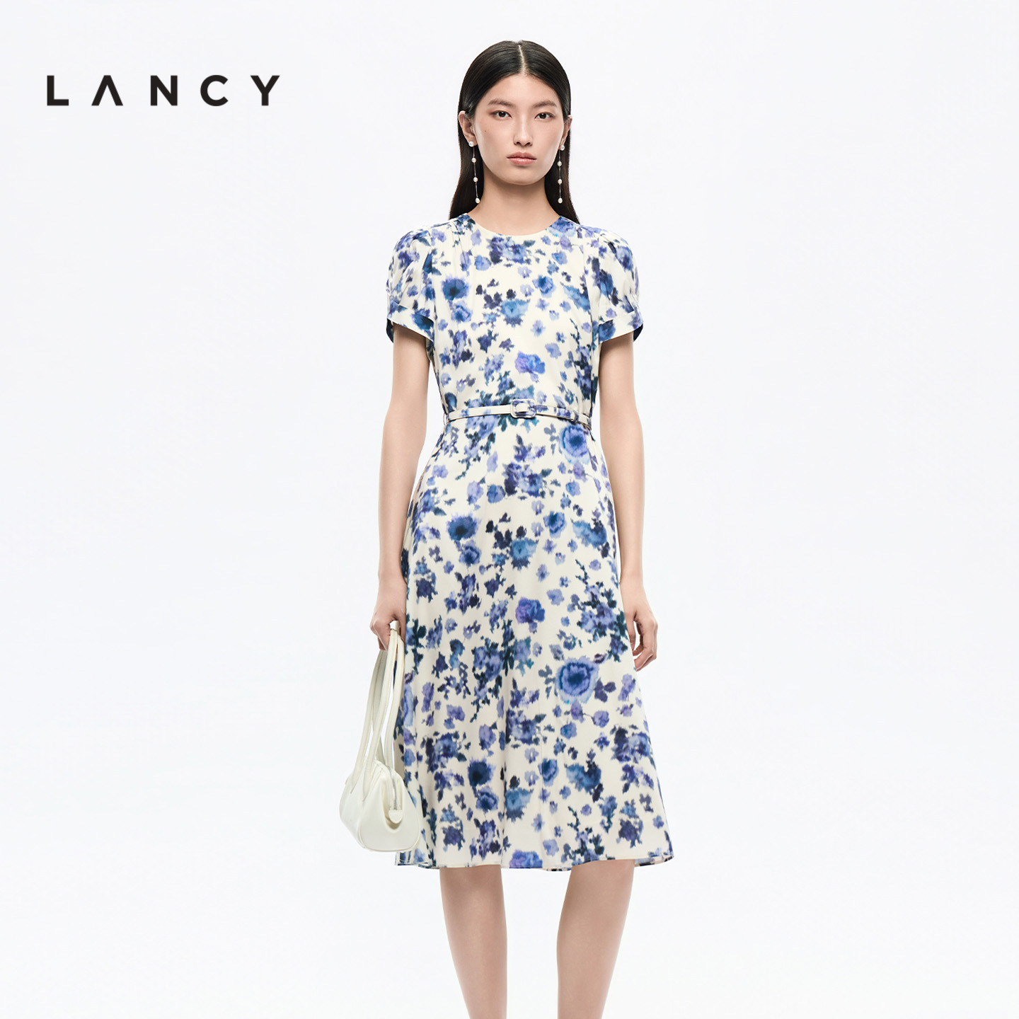 【桑蚕丝】LANCY/朗姿2026夏季新款气质圆领收腰碎花裙短袖连衣裙图片