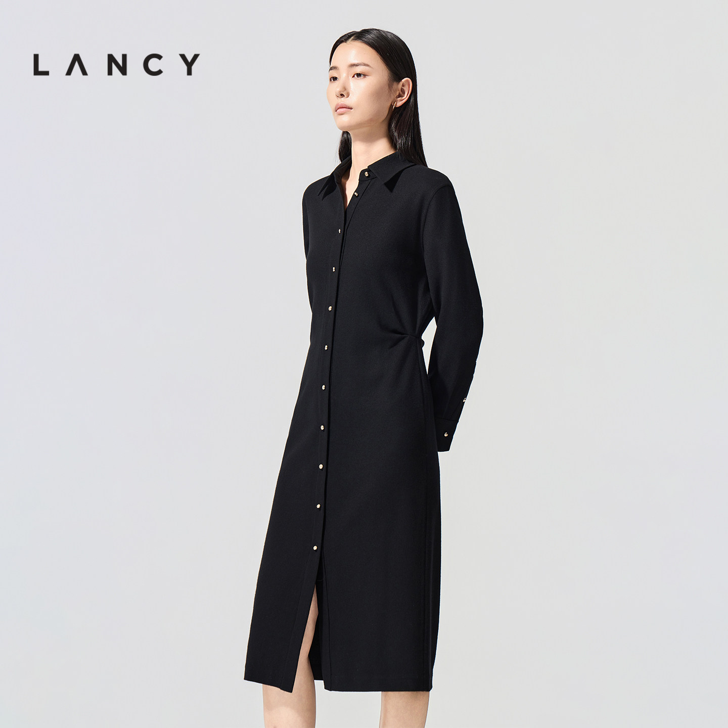 【羊毛】LANCY/朗姿2026春新款气质通勤收腰衬衫连衣裙黑色中长裙