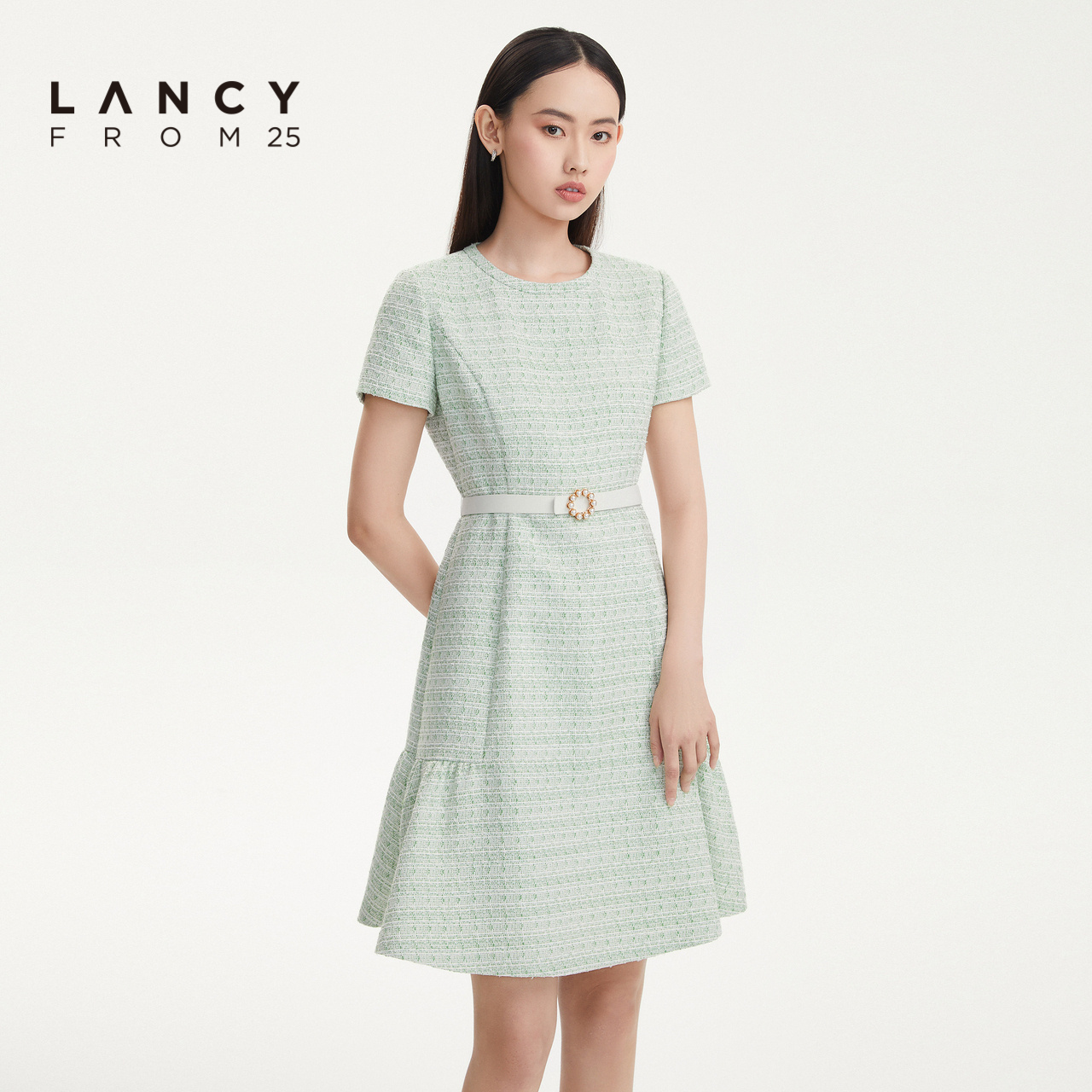 LANCY/朗姿2022秋季新款短袖小香风高级显瘦连衣裙女子商场同款