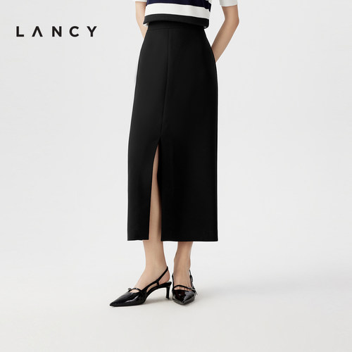 LANCY/朗姿2024夏季新款高腰开叉直筒真丝半身裙女士长款通勤裙子