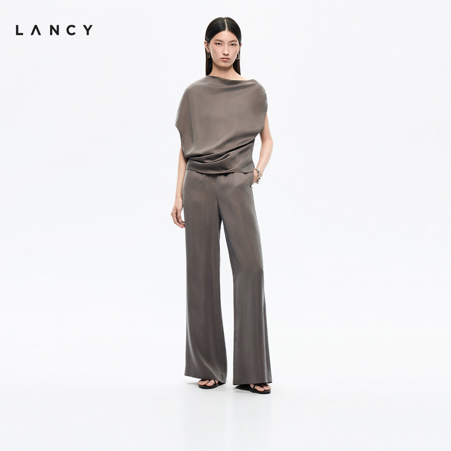 【铜氨丝】LANCY/朗姿2026夏季新款老钱风阔腿裤垂感休闲西装裤女